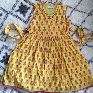 Fabindia yellow-pink cotton dress with sash, girls s.8-10